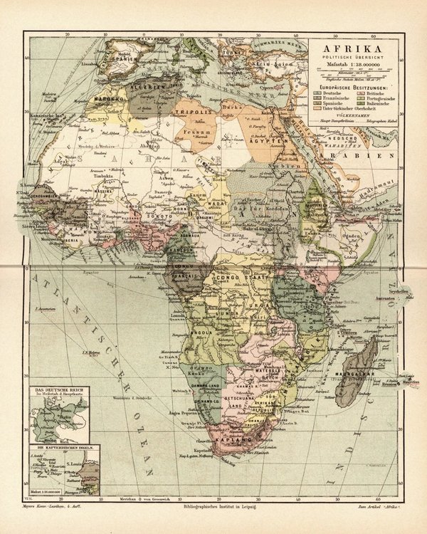 Afrika, Politische Übersicht. Alte Landkarte von 1889.