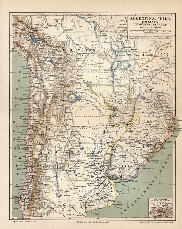 Argentinien, Chile, Bolivien, Uruguay und Oaraguay. Alte Landkarte von 1889.