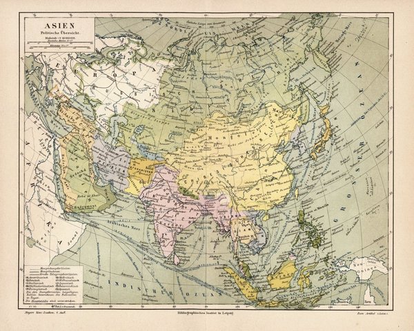 Asien, Politische Übersicht .Alte Landkarte von 1889.
