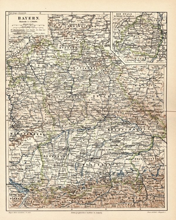 Bayern.  Alte Landkarte von 1889.