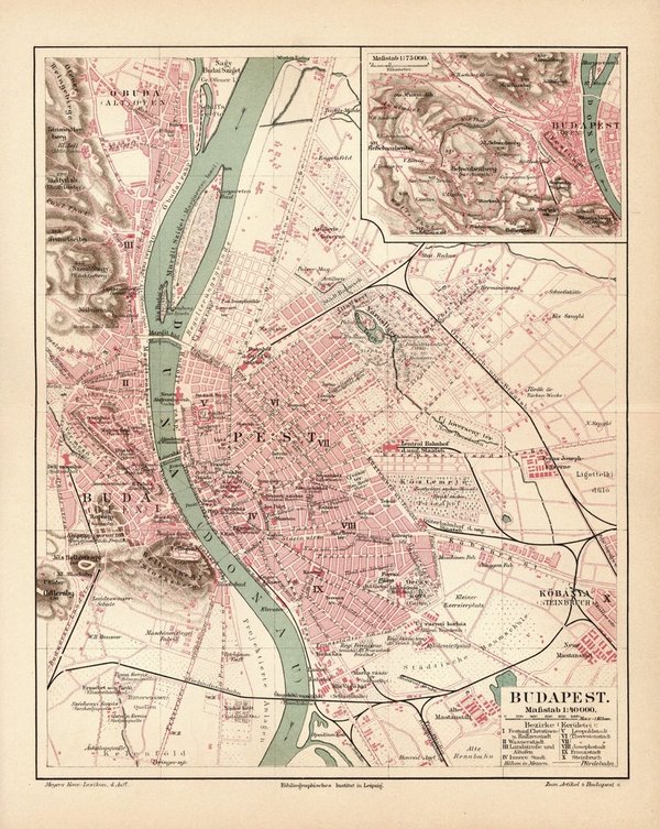 Budapest, Ungarn.  Alte Landkarte / Stadtplan von 1889.