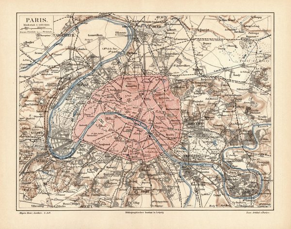 Paris.  Alte Landkarte von 1889.