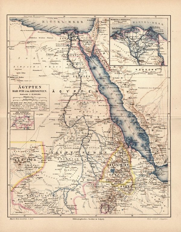 Ägypten, Dar Fur und Abessinien.  Alte Landkarte von 1889.