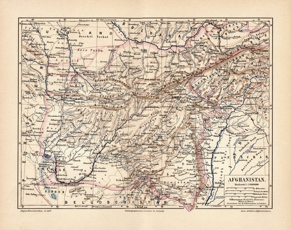 Afghanistan.  Alte Landkarte von 1889.