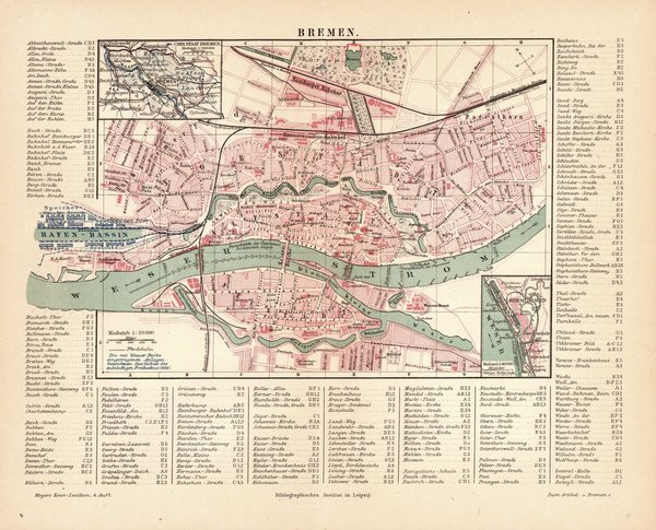 Bremen.  Alte Landkarte / Stadtplan von 1889.