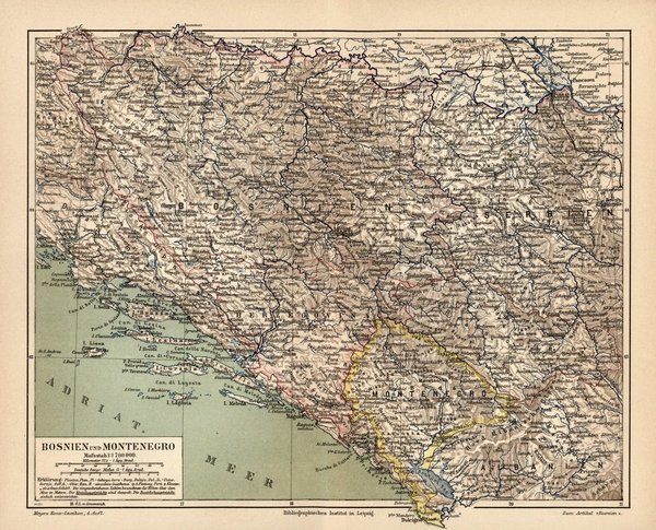 Bosnien und Montenegro.  Alte Landkarte von 1889.