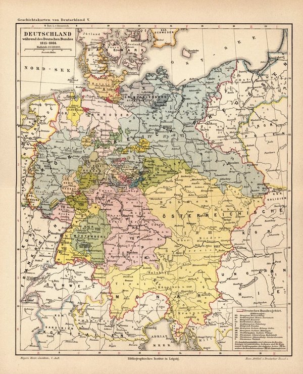 Deutschland während des Deutschen Bundes 1815-1866.  Alte Landkarte von 1889.