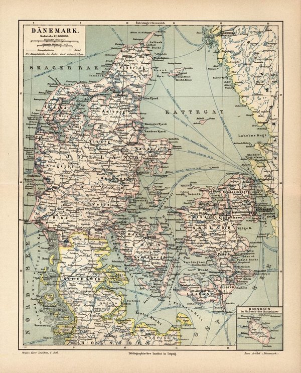 Dänemark.  Alte Landkarte von 1889.