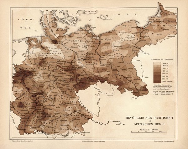 Bevölkerungs-Dichtigkeit im Deutschen Reich.  Alte Landkarte von 1889.