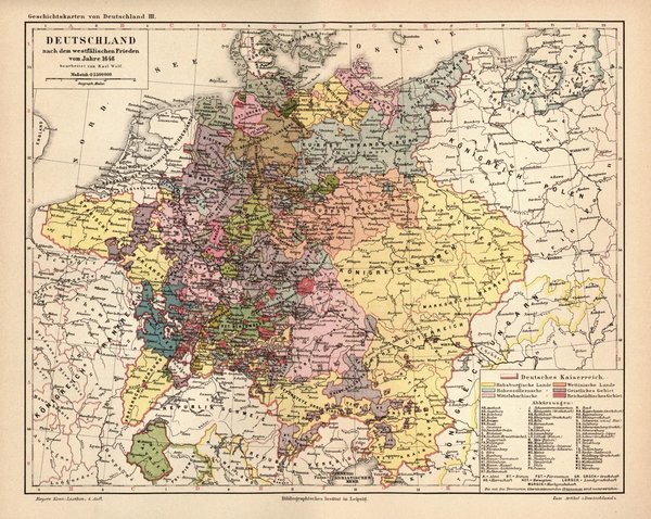 Deutschland nach dem westfälischen Frieden 1648.  Alte Landkarte von 1889.