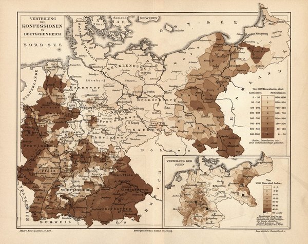 Verteilung der Konfessionen im Deutschen Reich.  Alte Landkarte von 1889.