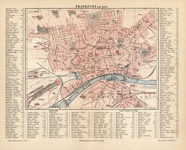 Frankfurt am Main.  Alte Landkarte von 1889.