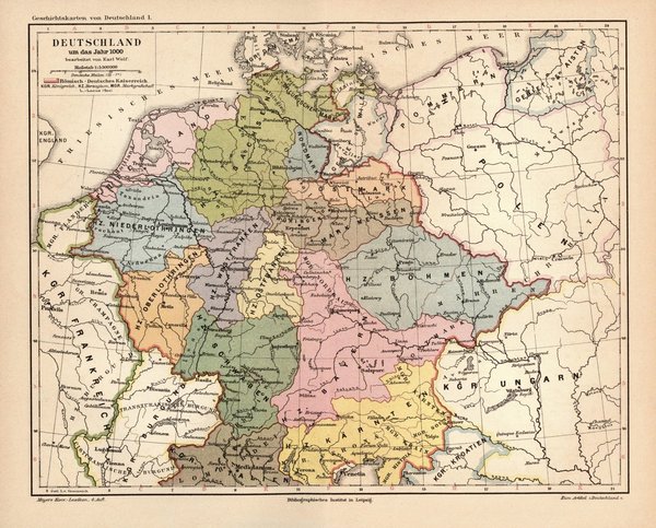 Deutschland um das Jahr 1000.  Alte Landkarte von 1889.