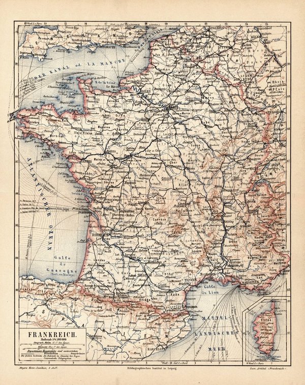 Frankreich.  Alte Landkarte von 1889.