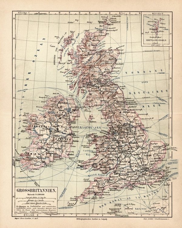 Grossbritannien.  Alte Landkarte von 1889.