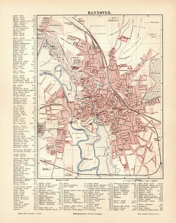 Hannover.  Alte Landkarte / Stadtplan von 1889.