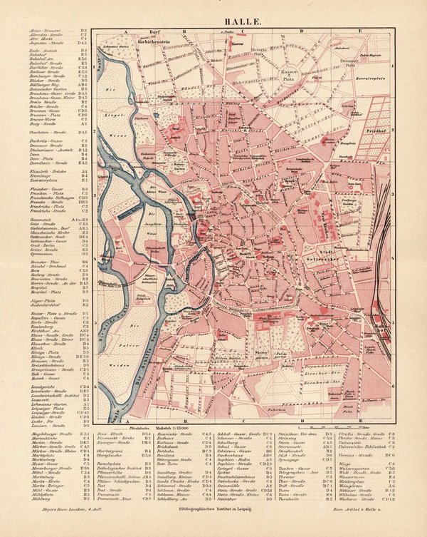 Halle an der Saale.  Alte Landkarte / Stadtplan von 1889.