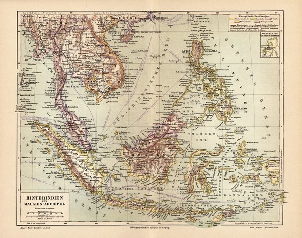 Hinterindien und Malaien-Archipel.  Alte Landkarte von 1889.