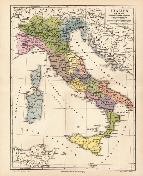 Italien bis in die Zeit Kaisers Augustus.  Alte Landkarte von 1889.