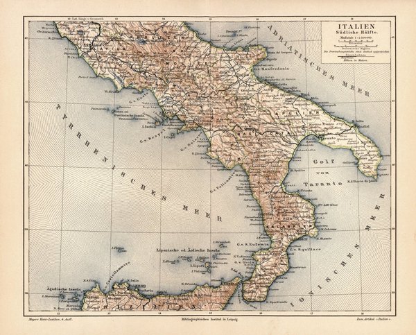 Italien, südliche Hälfte.  Alte Landkarte von 1889.