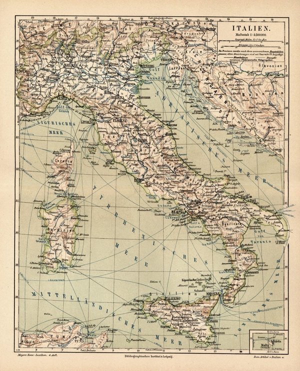 Italien.  Alte Landkarte von 1889.