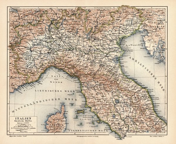 Italien, nördliche Hälfte.  Alte Landkarte von 1889.