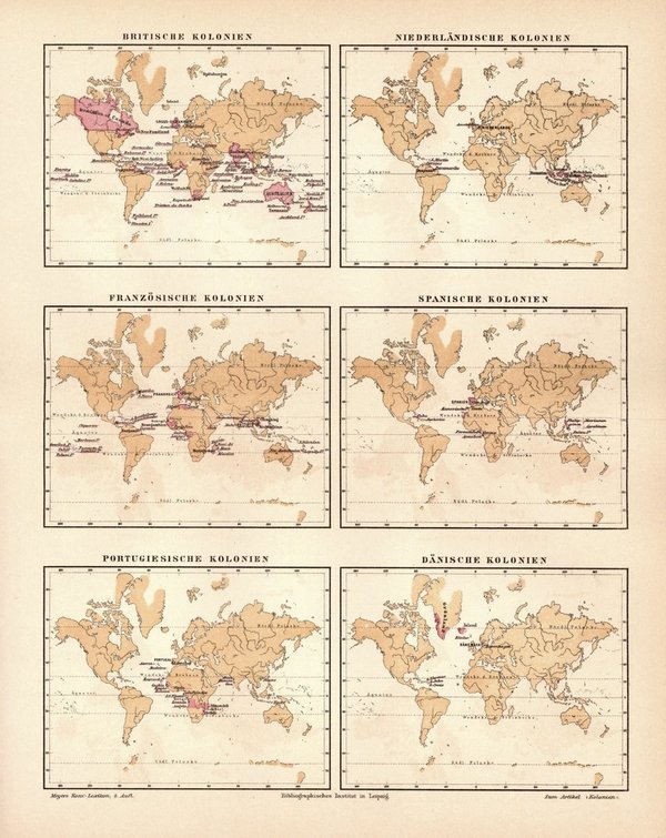 Kolonien europäischer Staaten.  Alte Landkarte von 1889.