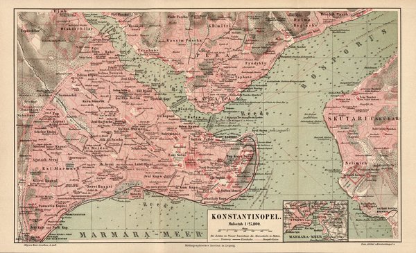 Konstantinopel / Istanbul.  Alte Landkarte von 1889.