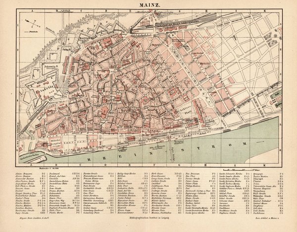 Mainz.  Alte Landkarte von 1889.