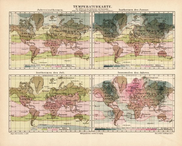 Temperaturkarte, Isothermen und Isanomalen.  Alte Landkarte von 1889.
