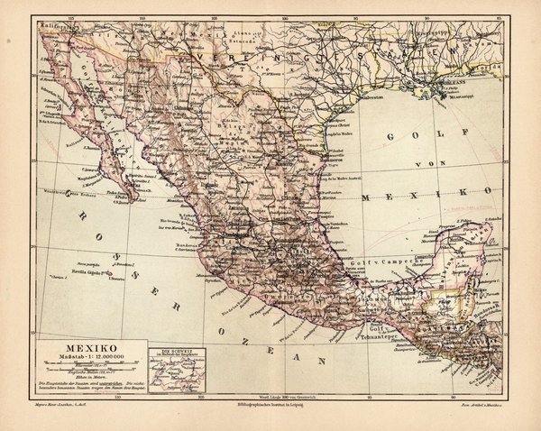 Mexiko.  Alte Landkarte von 1889.