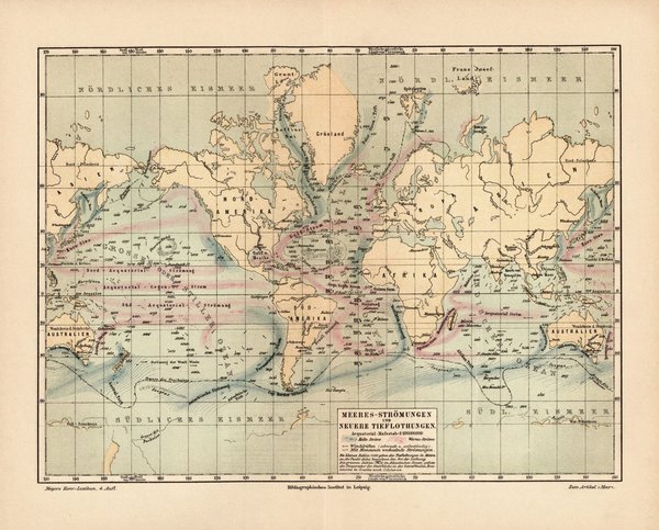 Meeresströmungen und neuere Tieflotungen.  Alte Landkarte von 1889.