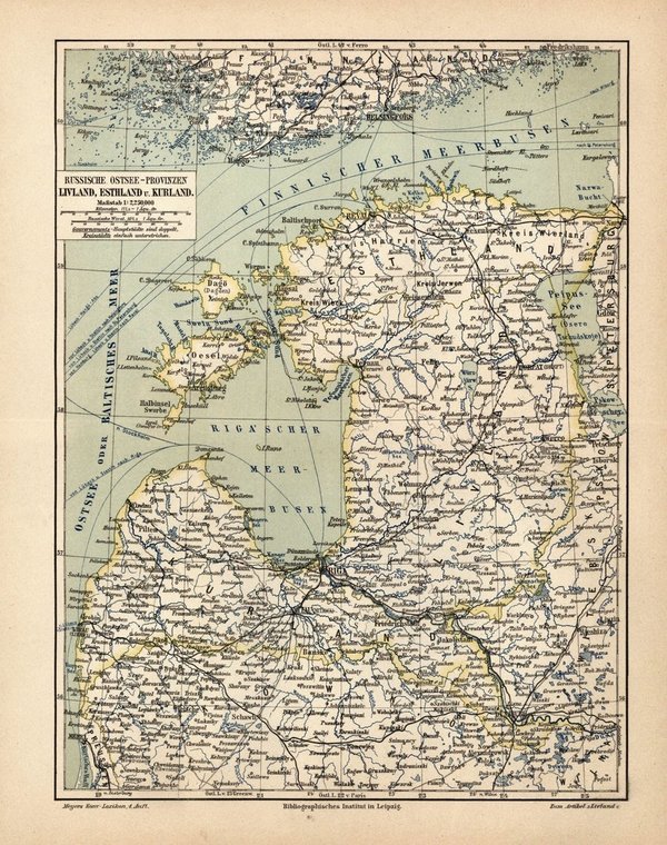Russische Ostsee-Provinzen Livland, Estland und Kurland.  Alte Landkarte von 1889.