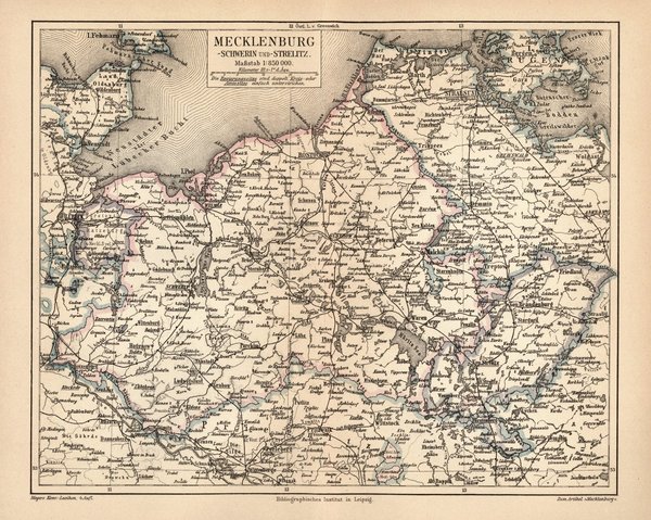 Mecklenburg, Schwerin und Strelitz.  Alte Landkarte von 1889.