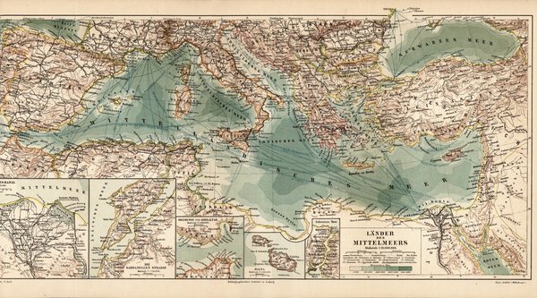 Länder des Mittelmeers.  Alte Landkarte von 1889.