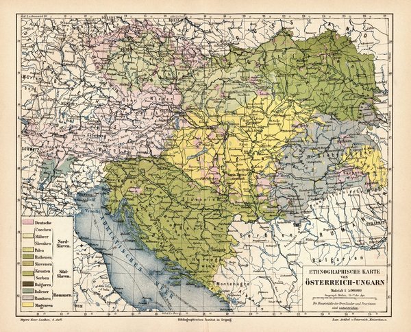 Ethnographische Karte von Österreich-Ungarn.  Alte Landkarte von 1889.