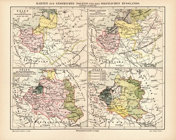 Zur Geschichte Polens und des westlichen Russlands 1000-1772.  Alte Landkarte von 1889.