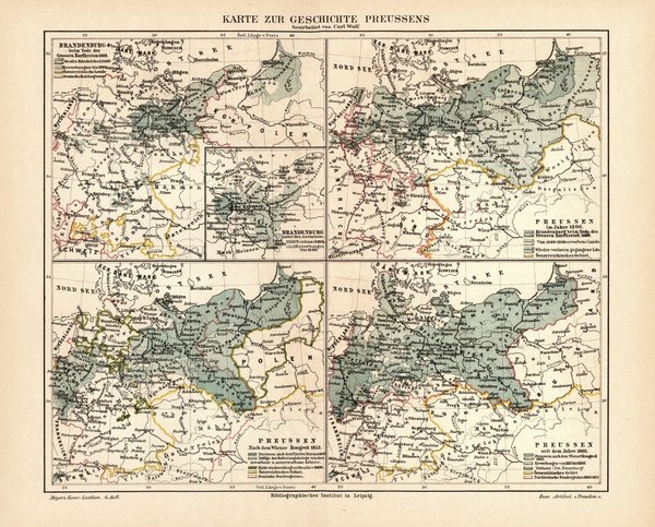 Geschichte Preußens 1688-1866.  Alte Landkarte von 1889.