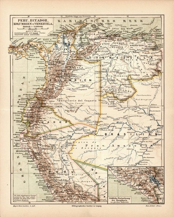 Peru, Ecuador, Kolumbien und Venezuela.  Alte Landkarte von 1889.
