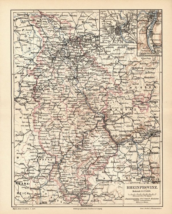 Rheinprovinz.  Alte Landkarte von 1889.
