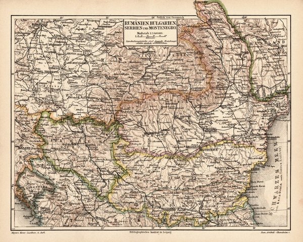 Rumänien, Bulgarien, Serbien und Montenegro.  Alte Landkarte von 1889.