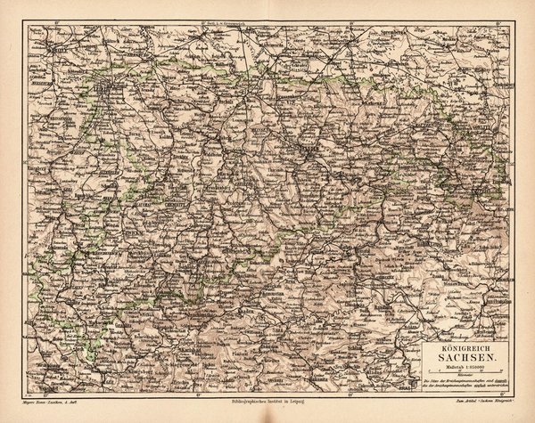 Königreich Sachsen.  Alte Landkarte von 1889.