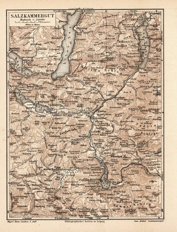 Salzkammergut.  Alte Landkarte von 1889.