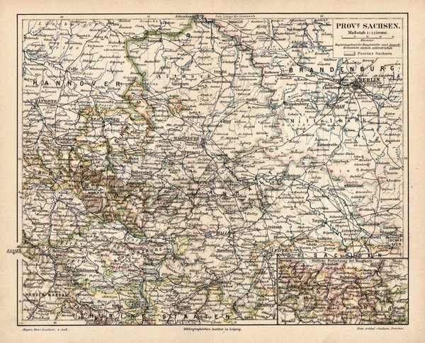 Provinz Sachsen.  Alte Landkarte von 1889.