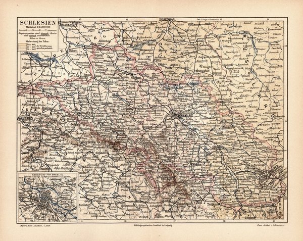 Schlesien.  Alte Landkarte von 1889.