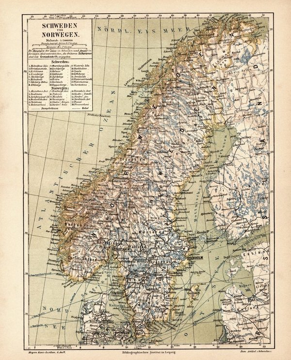 Schweden und Norwegen.  Alte Landkarte von 1889.