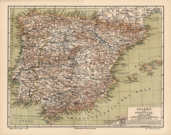Spanien und Portugal.  Alte Landkarte von 1889.