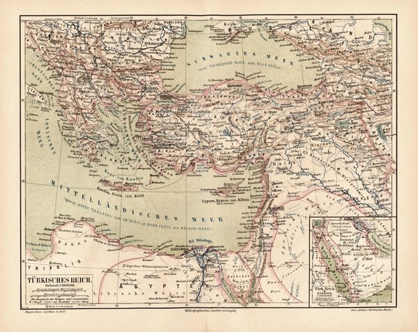 Türkisches Reich.  Alte Landkarte von 1889.