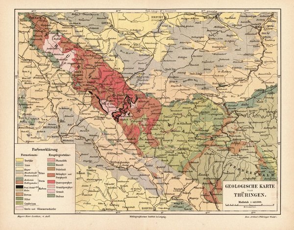 Geologische Karte von Thüringen.  Alte Landkarte von 1889.