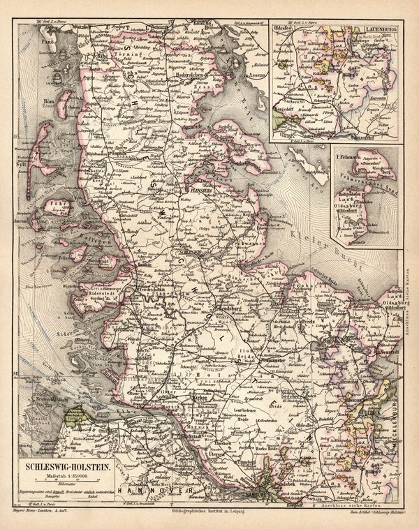 Schleswig-Holstein.  Alte Landkarte von 1889.